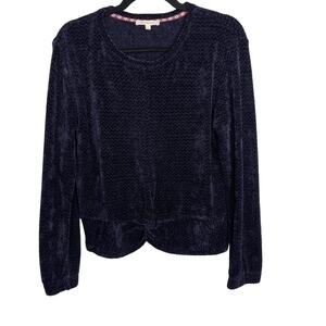 New Skies Are Blue Large L Navy Blue Chenille Twist Front Sweater Crew Neck Cozy